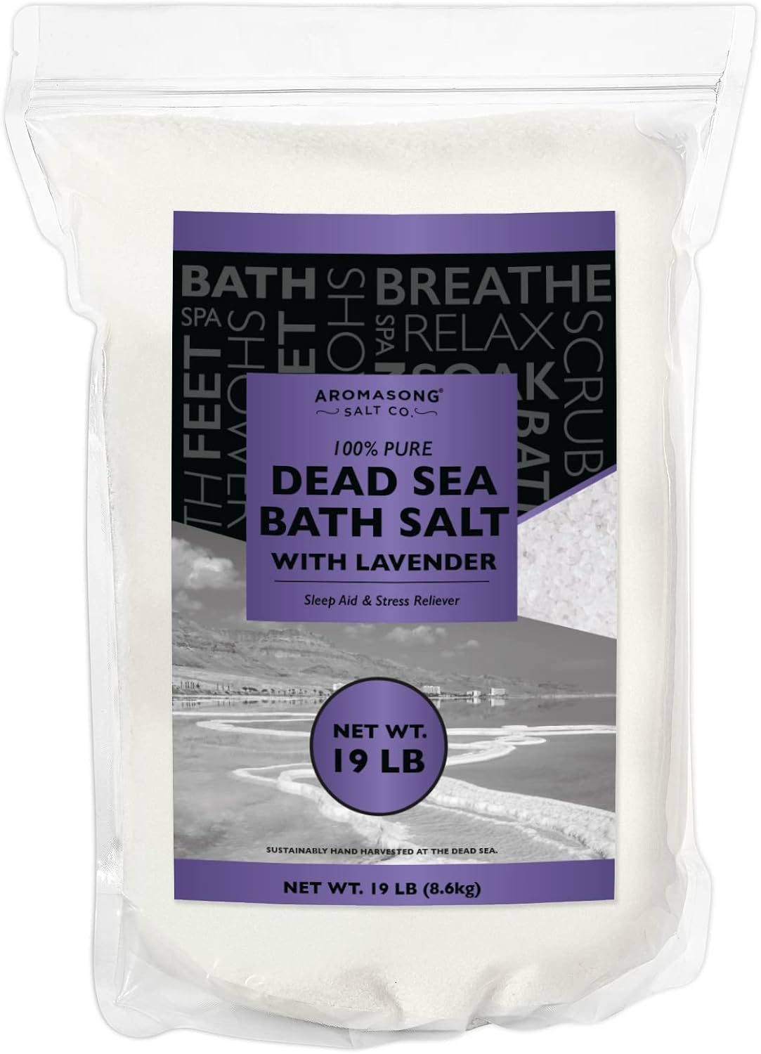 Pure Dead Sea Salt for Soaking with 100% Natural Lavender - 19 LB Spa Bath Salt Fine Grain in Resealable Pack - Used for Body Wash Scrub - Soak for Women & Men for Tired Muscles & Skin Issues.
