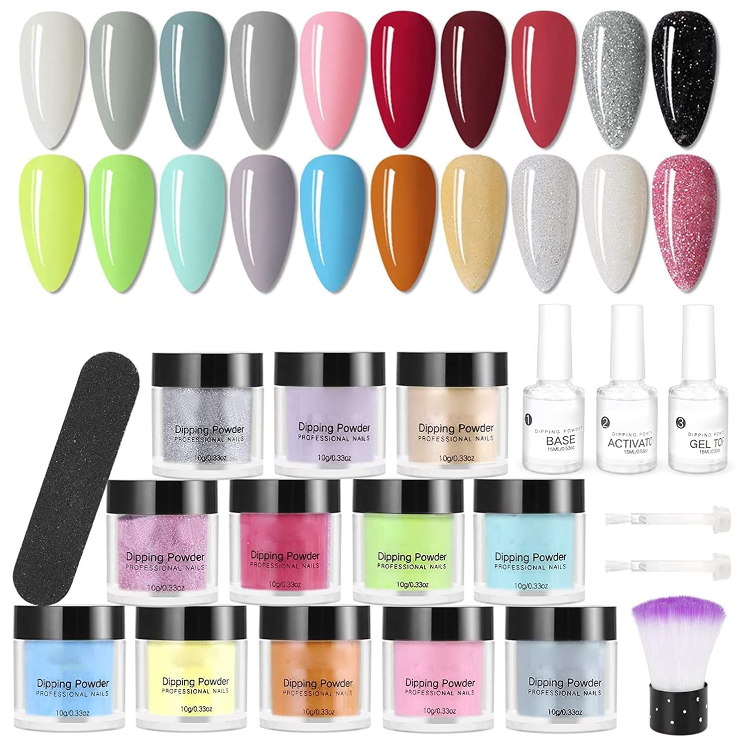 QUZHI Dip Powder Nail Kit Starter 20 Colors Dipping Powder Set for DIY Salon No LED Nail Lamp Needed Nail Art Manicure with Base Top Coat Activator Brush File
