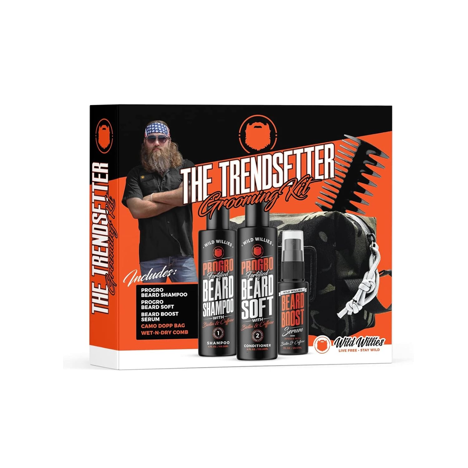 Wild Willies The Trendsetter Grooming Kit - Beard Shampoo & Conditioner, Beard Serum, Camo Dopp Bag, and Comb